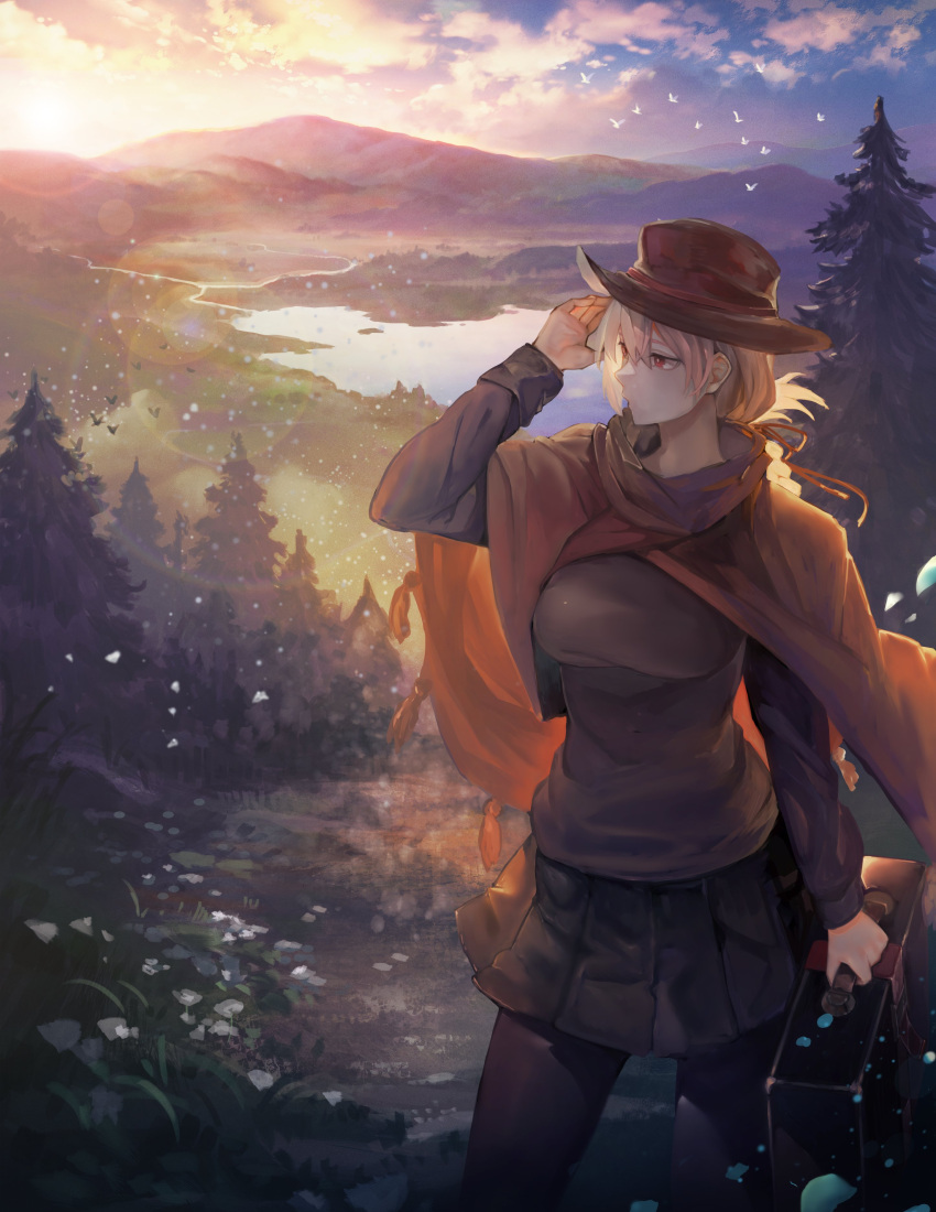 1girl absurdres braid collaboration de_(hato0125) fate/grand_order fate_(series) flock florence_nightingale_(fate/grand_order) forest harutask hat heroic_spirit_traveling_outfit highres lake lens_flare mountain nature pantyhose pink_hair pleated_skirt red_eyes river scenery skirt suitcase tree twilight