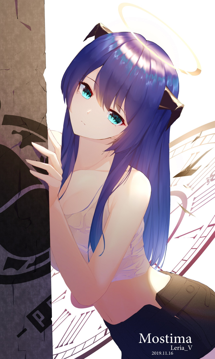 1girl arknights bare_arms bare_shoulders black_shorts blue_eyes blue_hair collarbone commentary_request crop_top expressionless halo head_tilt highres horns leria_v long_hair looking_at_viewer midriff mostima_(arknights) navel roman_numerals shirt short_shorts shorts sleeveless sleeveless_shirt solo white_shirt