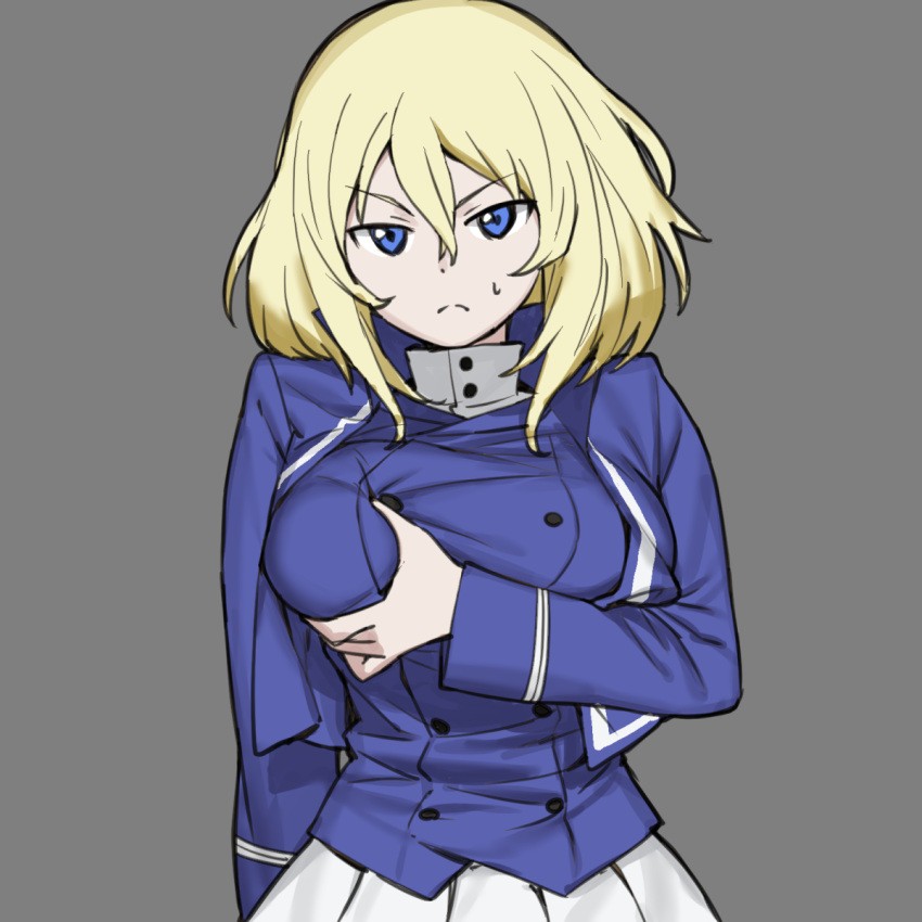 1girl bangs bc_freedom_military_uniform blonde_hair blue_eyes blue_jacket blue_vest closed_mouth commentary dress_shirt frown girls_und_panzer grabbing_own_breast grey_background high_collar highres jacket long_sleeves looking_at_viewer medium_hair messy_hair military military_uniform onsen_tamago_(hs_egg) oshida_(girls_und_panzer) pleated_skirt shirt simple_background skirt solo standing sweatdrop uniform vest white_shirt white_skirt