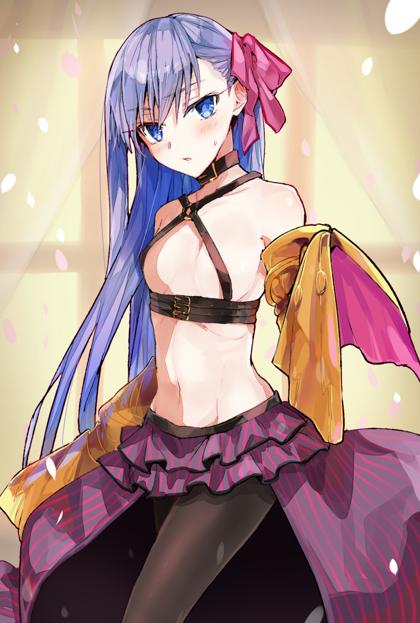 1girl bangs bare_shoulders black_collar black_legwear blue_eyes blue_hair blush bow breasts collar collarbone commentary_request cosplay detached_sleeves eyebrows_visible_through_hair fate/extra fate/extra_ccc fate_(series) hair_between_eyes hair_bow highres layered_skirt long_sleeves looking_at_viewer meltryllis midriff miniskirt navel o-ring o-ring_top pantyhose parted_lips passion_lip passion_lip_(cosplay) pleated_skirt purple_skirt red_bow skirt sleeves_past_fingers sleeves_past_wrists small_breasts solo striped sweat tomozero vertical-striped_skirt vertical_stripes yellow_sleeves
