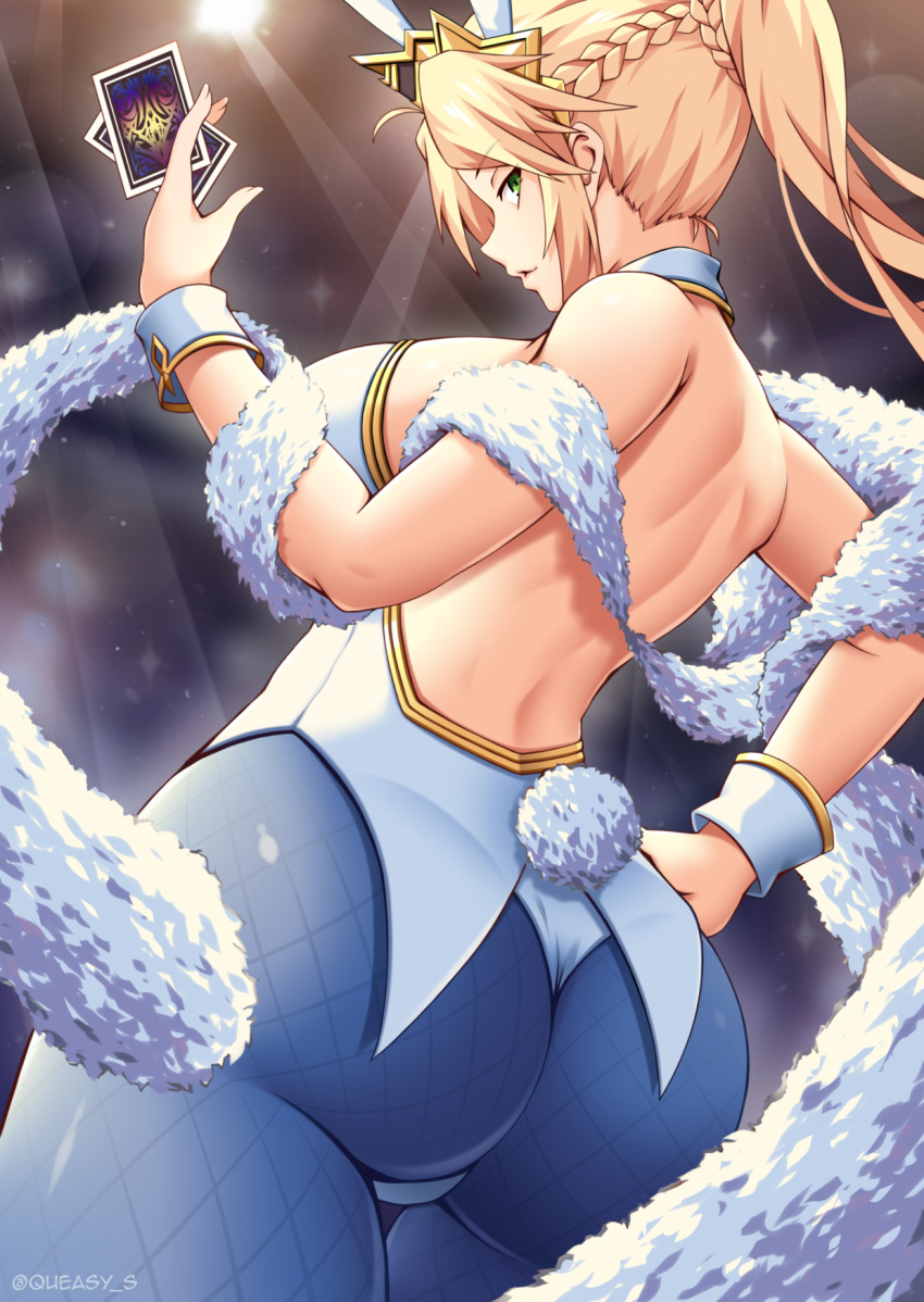 1girl animal_ears artoria_pendragon_(all) artoria_pendragon_(swimsuit_ruler)_(fate) ass backless_dress backless_outfit between_fingers blonde_hair blue_legwear braid breasts bunny_girl bunny_tail bunnysuit card cowboy_shot dress fate/grand_order fate_(series) from_behind green_eyes hand_on_hip highres large_breasts leotard long_hair looking_at_viewer pantyhose ponytail profile queasy_s rabbit_ears shoulder_blades solo standing tail twitter_username white_leotard wrist_cuffs