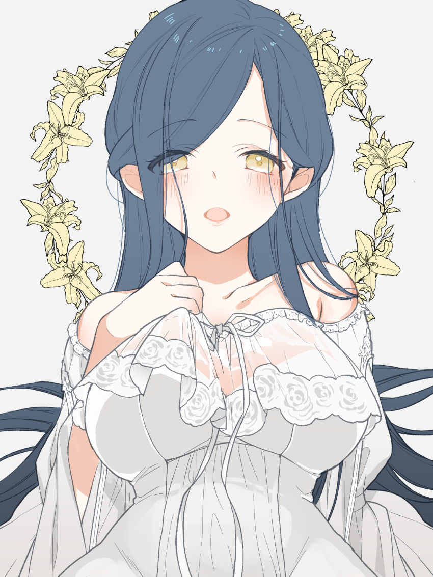 1girl araragi bare_shoulders blush breasts clothes_grab detached_sleeves dress eyes_visible_through_hair flower grey_background half_updo highres honzuki_no_gekokujou lace_trim large_breasts lily_(flower) long_hair looking_at_viewer maine_(honzuki_no_gekokujou) older open_mouth rose see-through simple_background tareme upper_body white_dress yellow_eyes