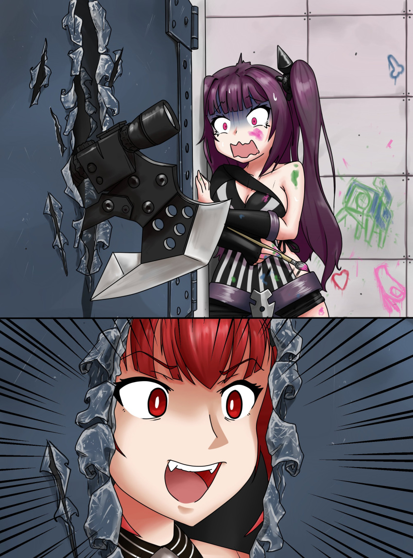 2girls absurdres architect_(girls_frontline) asymmetrical_clothes axe bangs cz-75_(girls_frontline) eyebrows_visible_through_hair girls_frontline here's_johnny! highres holding holding_paintbrush indoors long_hair multiple_girls one_side_up open_mouth paintbrush parody purple_hair red_eyes redhead sangvis_ferri scared teeth the_shining the_sourkraut