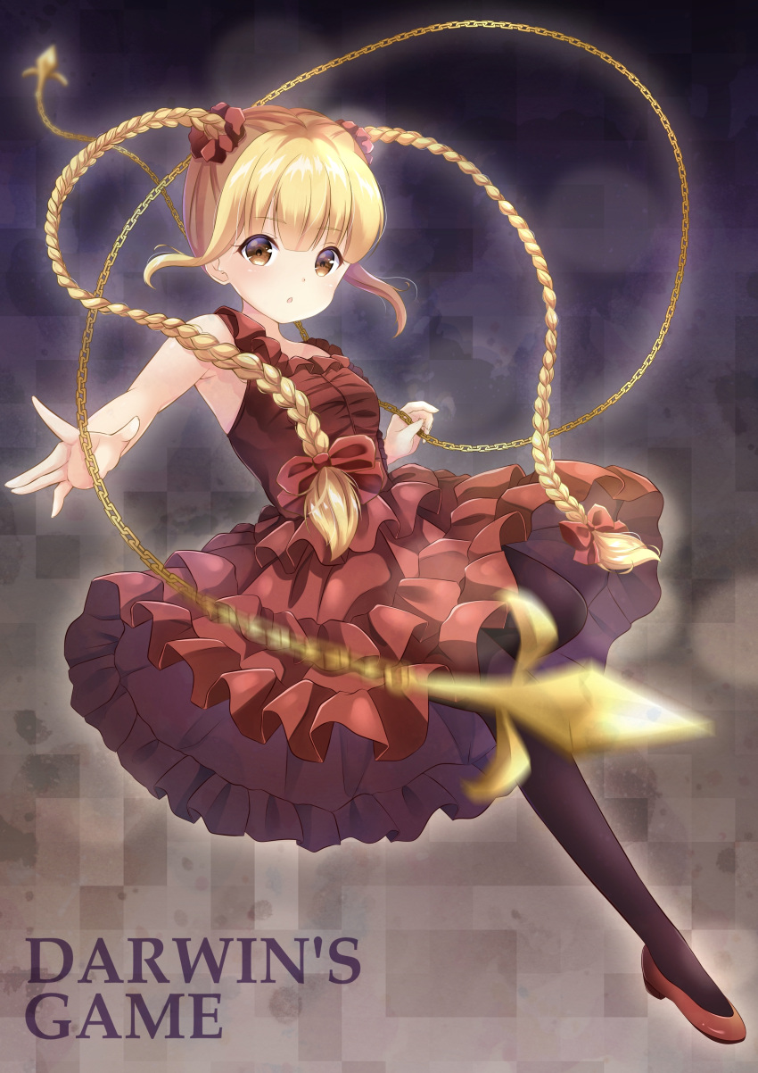 1girl absurdres bangs bare_arms bare_shoulders black_legwear blonde_hair blurry blurry_foreground blush bow braid breasts brown_eyes chain commentary_request copyright_name darwin's_game depth_of_field dress eyebrows_visible_through_hair frilled_dress frills hair_between_eyes hair_bow hair_ornament hair_scrunchie highres inahori long_hair looking_at_viewer pantyhose parted_lips red_bow red_dress red_footwear red_scrunchie scrunchie shoes shuka_(darwin's_game) sidelocks sleeveless sleeveless_dress small_breasts solo twin_braids very_long_hair