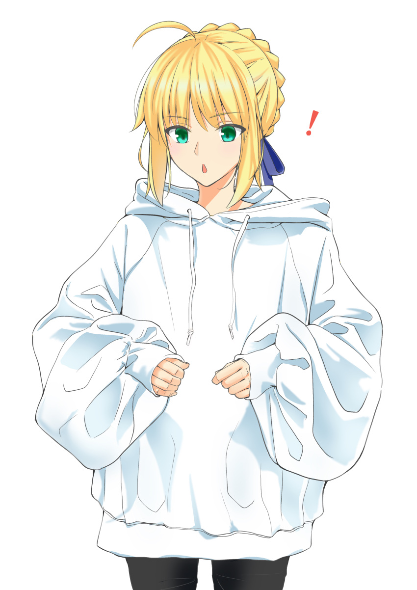 1girl absurdres ahoge artist_request artoria_pendragon_(all) bangs blonde_hair blue_ribbon commentary_request eyebrows_visible_through_hair fate_(series) green_eyes hair_ribbon highres hood hood_down long_sleeves open_mouth ribbon saber simple_background sleeves_past_wrists solo sweater white_background white_sweater