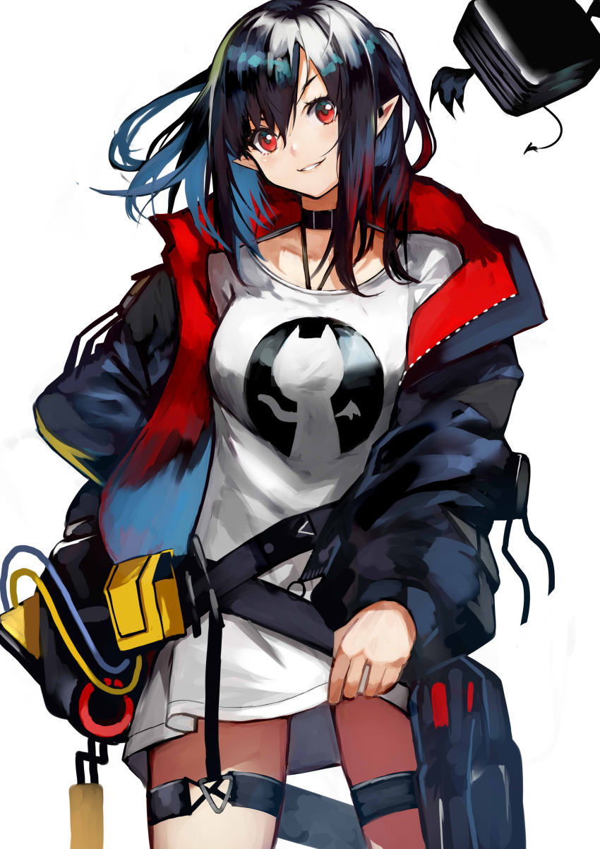 1girl 55level absurdres arknights bangs black_hair breasts choker closure_(arknights) floating floating_object grin highres jacket looking_at_viewer ponytail red_eyes shirt simple_background smile solo t-shirt thigh_strap two_side_up white_background