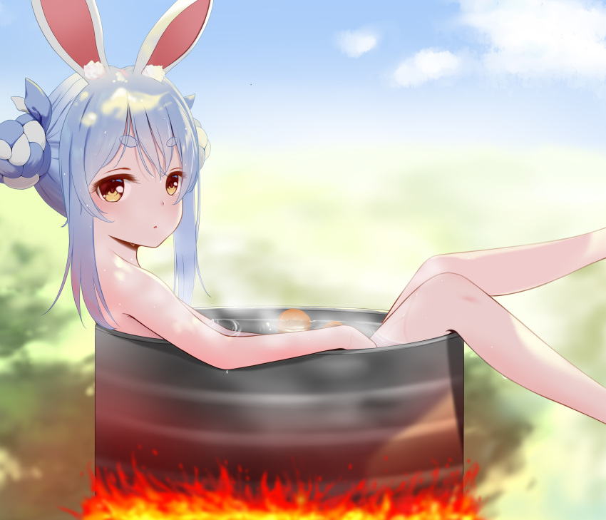 1girl absurdres animal_ear_fluff animal_ears bangs bathing blue_hair blue_sky chinese_commentary clouds commentary_request day double_bun drum_bath eyebrows_visible_through_hair fire from_side hair_bun highres hololive kakokyuu_hiffuu looking_at_viewer multicolored_hair nude outdoors rabbit_ears sidelocks sky solo steam streaked_hair symbol-shaped_pupils thick_eyebrows usada_pekora virtual_youtuber water wet yellow_eyes
