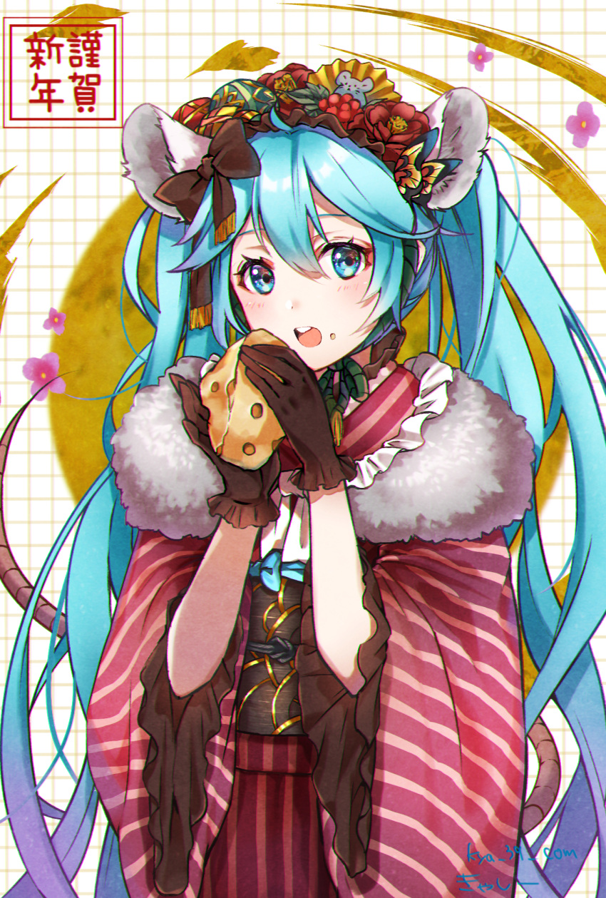 1girl animal_ears hatsune_miku highres japanese_clothes kimono kyashii_(a3yu9mi) mouse_ears vocaloid