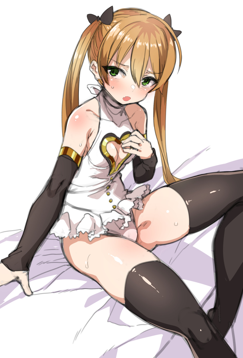 1girl absurdres bangs bare_shoulders black_bow black_legwear blonde_hair blush bow breasts cleavage_cutout detached_sleeves eyebrows_visible_through_hair green_eyes hair_between_eyes hair_bow harigane_shinshi heart_cutout highres leotard long_hair original sitting small_breasts solo thigh-highs twintails white_background