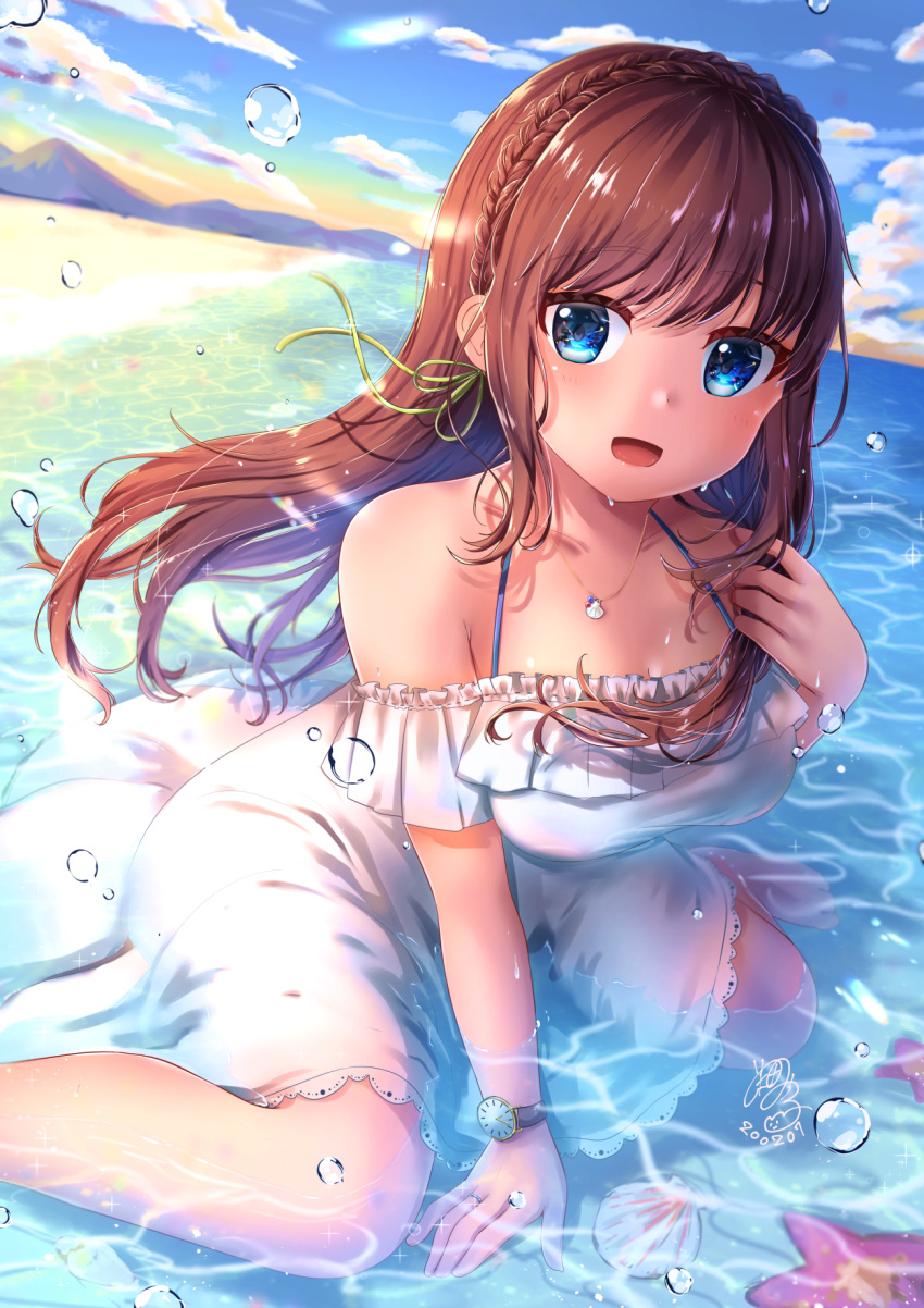 1girl :d blue_eyes braid breasts brown_hair dated day dress dutch_angle green_ribbon hair_ribbon highres looking_at_viewer medium_breasts michiru_donut moe2020 mountainous_horizon ocean open_mouth original outdoors ribbon seashell shell sitting smile solo starfish sunlight watch water wet white_dress