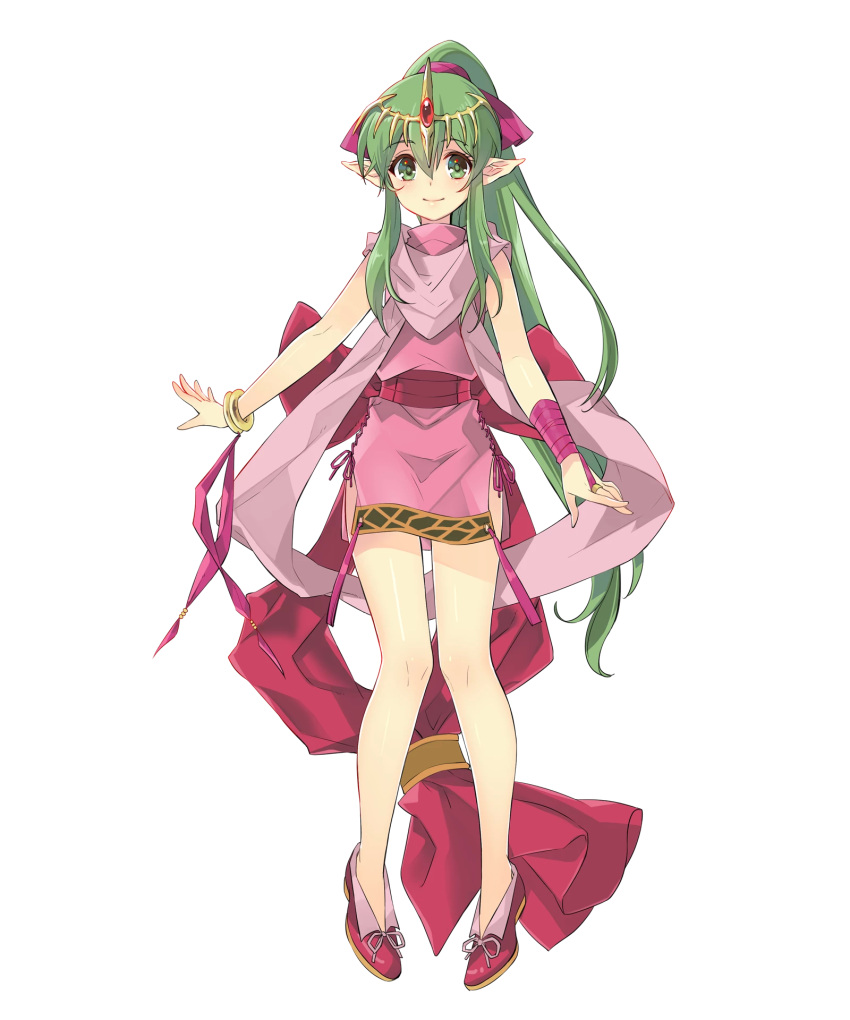 1girl arms_at_sides back_bow bow bridal_gauntlets closed_mouth dress eyebrows_visible_through_hair fire_emblem fire_emblem:_shadow_dragon fire_emblem_heroes full_body green_hair grey_eyes hair_between_eyes highres itou_noiji long_hair looking_at_viewer pink_dress pointy_ears red_bow red_footwear red_ribbon red_sash ribbon shoes short_dress side-tie_dress sidelocks smile solo tiara tiki_(fire_emblem) transparent_background very_long_hair