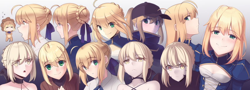 =_= absurdres ahoge animal_costume armor artoria_pendragon_(all) baseball_cap black_choker blonde_hair blue_dress blush boa_(brianoa) braid braided_bun breasts brown_sweater chibi choker cleavage_cutout closed_mouth dark_persona dress expressions eyebrows_visible_through_hair eyes_visible_through_hair fate/grand_order fate/stay_night fate/tiger_colosseum fate_(series) gradient gradient_background green_eyes grey_background grey_headwear hair_ribbon happy hat highres lion_costume long_hair looking_at_viewer multiple_persona mysterious_heroine_x open_mouth parted_lips profile purple_ribbon ribbon saber saber_alter sidelocks small_breasts smile sweater turtleneck wide-eyed yellow_eyes