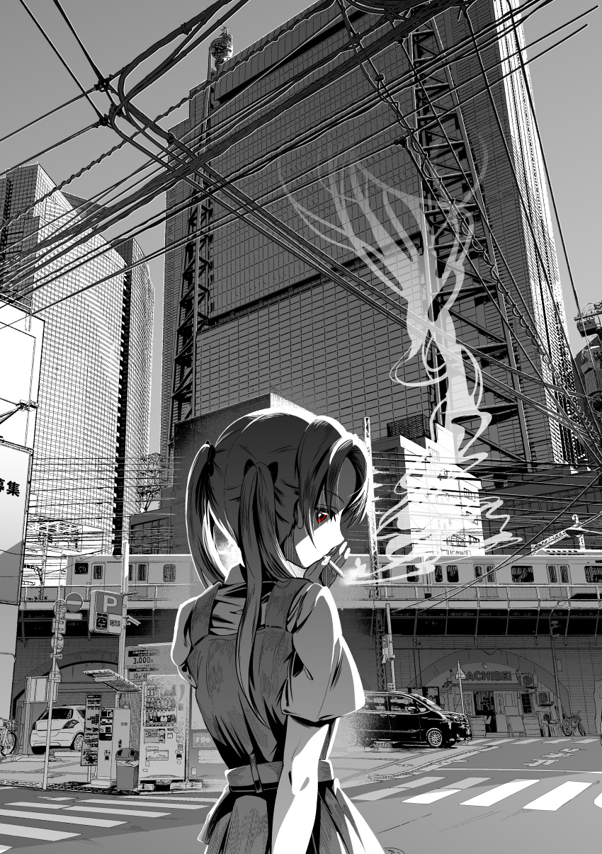 1girl absurdres bow building car cigarette city commentary dress from_behind girls_und_panzer greyscale ground_vehicle hair_bow highres huge_filesize kadotani_anzu long_hair looking_at_viewer looking_back moku_x_moku monochrome motor_vehicle power_lines red_eyes road_sign rod shirt short_sleeves sign smoke smoking solo spot_color standing train twintails utility_pole