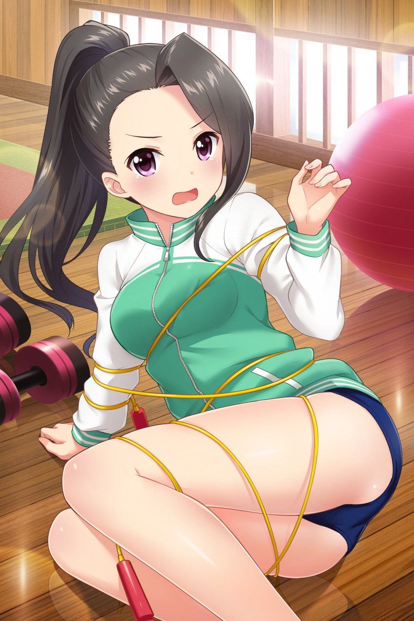 1girl absurdres alternative_girls ball black_hair blush buruma embarrassed exercise eyebrows_visible_through_hair highres jump_rope legs looking_at_viewer official_art open_mouth ponytail saionji_rei violet_eyes