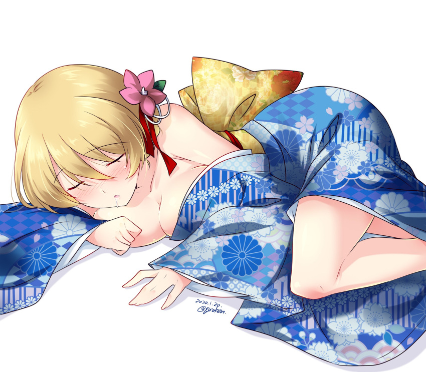 1girl artist_name bare_shoulders blonde_hair blush breasts closed_eyes collarbone darjeeling_(girls_und_panzer) dated eyebrows_visible_through_hair flower girls_und_panzer hair_flower hair_ornament hair_ribbon highres japanese_clothes kimono kuzuryuu_kennosuke large_breasts lying no_bra on_stomach open_mouth ribbon saliva shiny shiny_hair shiny_skin simple_background sleeping solo white_background yukata