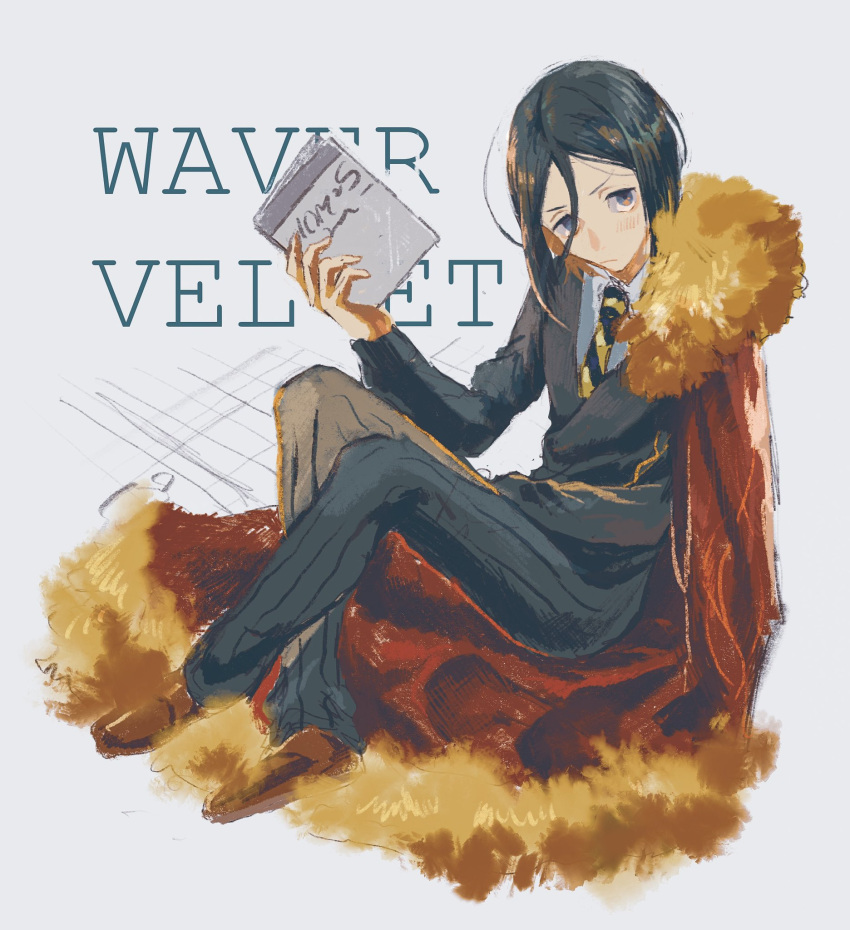 1boy black_eyes black_hair bob_cut book cape character_name fate/zero fate_(series) fur-trimmed_cape fur_trim green_hair highres hinoe_(right-hnxx03) holding holding_book male_focus necktie sitting solo sweater waver_velvet