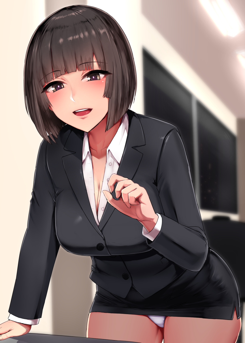 1girl breasts brown_eyes brown_hair business_suit dress formal highres ishimiso_(ishimura) large_breasts microdress microskirt office_lady panties pantyshot pantyshot_(standing) pencil_skirt skirt skirt_suit smile solo standing suit underwear