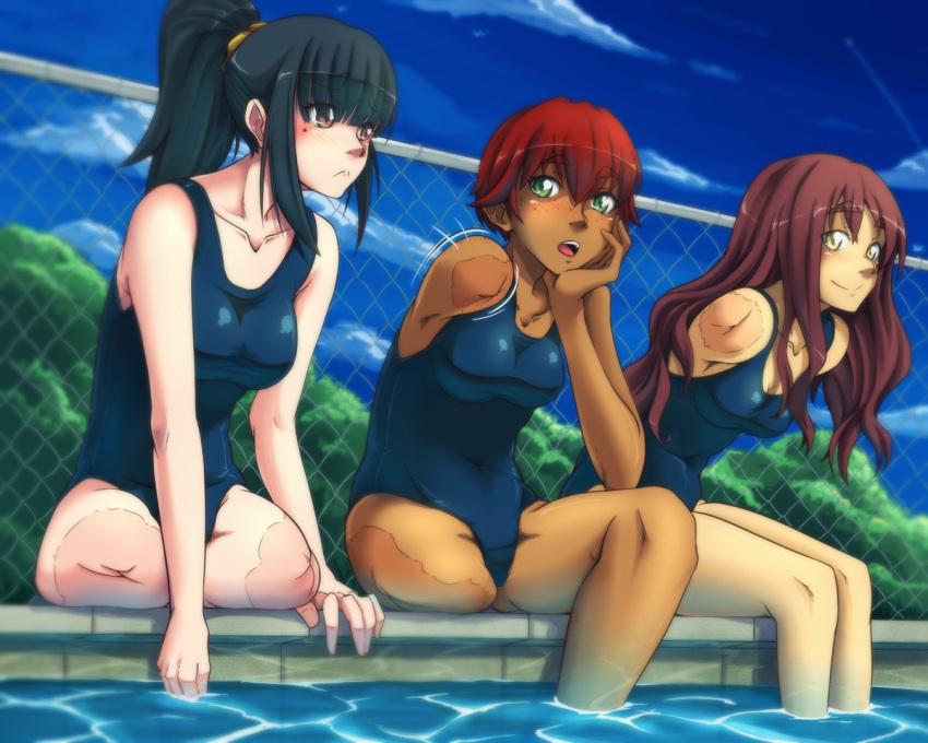 3girls :&lt; amputee black_hair blue_swimsuit blush breasts brown_eyes chin_rest clouds collarbone condensation_trail covered_navel dark_skin double_amputee eyebrows_visible_through_hair eyes_visible_through_hair fence freckles gammatelier green_eyes high_ponytail long_hair looking_at_another medium_breasts mole mole_under_eye motion_lines multiple_girls open_mouth original outdoors partially_submerged pool redhead scar school_swimsuit short_hair sitting sky smile swimsuit tree water yellow_eyes