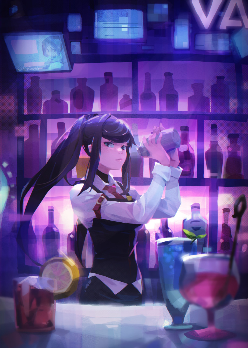 1girl absurdres black_hair brown_eyes closed_mouth collared_shirt cup drinking_glass expressionless highres indoors jill_stingray long_hair looking_at_viewer necktie red_neckwear shirt solo twintails va-11_hall-a white_shirt zeni