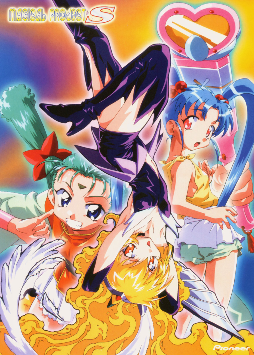 1990s_(style) blonde_hair blue_eyes blue_hair boots elbow_gloves facial_mark forehead_mark gloves green_hair grin hair_between_eyes highres holding holding_wand long_hair mahou_shoujo_pretty_sammy navel official_art open_mouth orange_eyes pink_hair pretty_sammy_(character) short_hair smile thigh-highs thigh_boots twintails upside-down very_long_hair wand