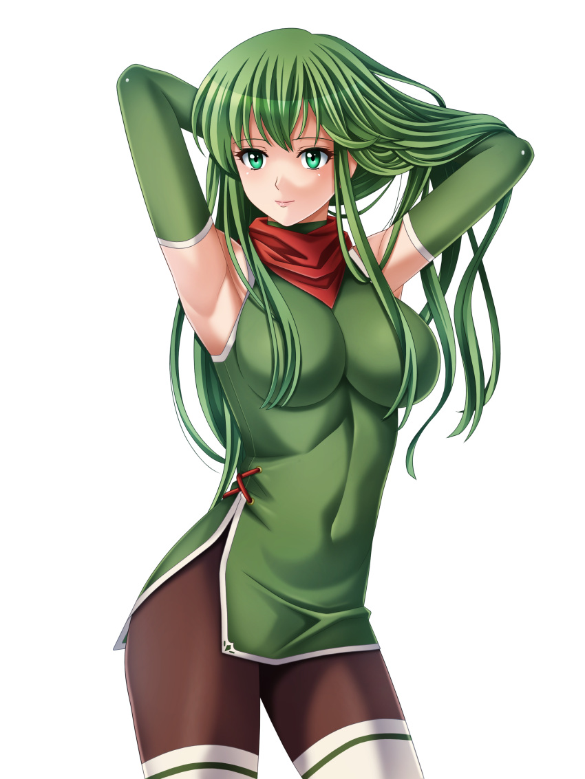 1girl absurdres armpits arms_up breasts closed_mouth elbow_gloves fire_emblem fire_emblem:_mystery_of_the_emblem gloves green_eyes green_gloves green_hair highres large_breasts long_hair palla_(fire_emblem) pantyhose simple_background solo tamamon thigh-highs white_background