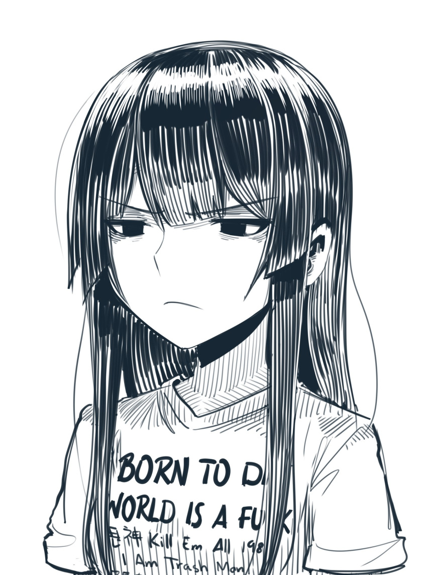 1girl bangs blunt_bangs boa_(brianoa) born_to_die_world_is_a_fuck closed_mouth english_text engrish_text eyebrows_visible_through_hair furrowed_eyebrows greyscale highres long_hair meme monochrome original ranguage shirt short_sleeves simple_background solo white_background