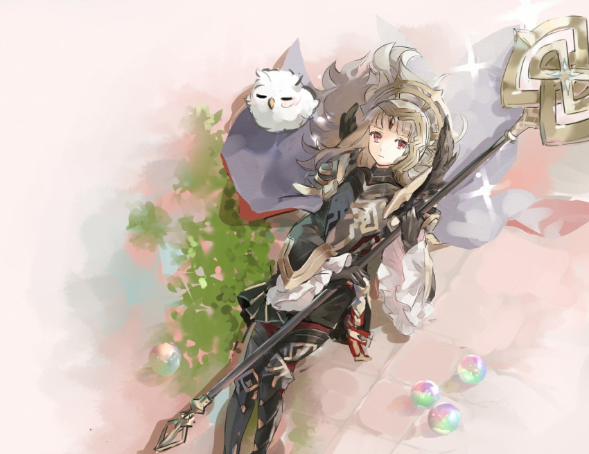 1girl armor bird black_gloves cape closed_mouth crown feh_(fire_emblem_heroes) fire_emblem fire_emblem_heroes gloves grey_hair hair_ornament holding holding_staff hukashin long_hair long_sleeves lying on_back orb owl red_eyes staff veronica_(fire_emblem)
