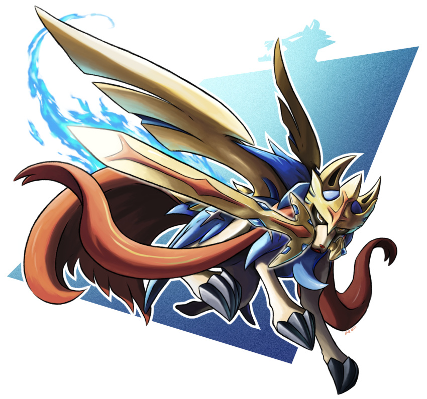 brown_eyes claws creature dog dog_focus full_body gen_8_pokemon hftran1203 highres jumping legendary_pokemon looking_at_viewer mouth_hold no_humans pokemon pokemon_(creature) solo sword weapon zacian
