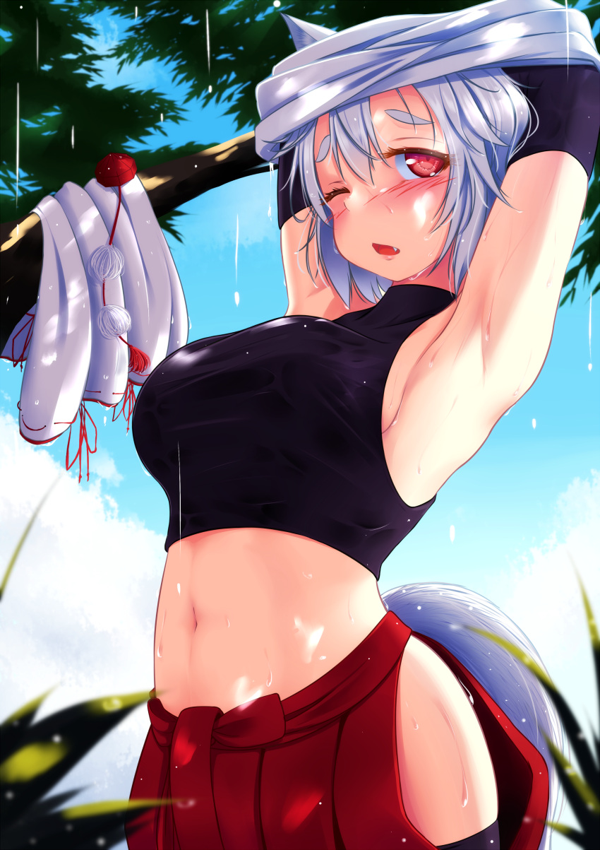 1girl absurdres animal_ears armpits arms_up black_legwear blue_sky breasts clothes_removed crop_top day fang hair_between_eyes hat headwear_removed highres indica inubashiri_momiji looking_at_viewer medium_breasts midriff navel one_eye_closed open_mouth outdoors red_eyes red_headwear red_skirt short_hair skirt sky sleeveless solo tail thick_eyebrows thigh-highs tokin_hat touhou turtleneck undressing wet wet_clothes white_hair wolf_ears wolf_tail