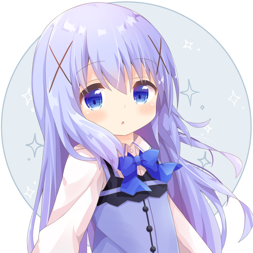 1girl absurdres bangs blue_bow blue_eyes blue_hair blue_vest blush bow chestnut_mouth collared_shirt commentary_request dress_shirt eyebrows_visible_through_hair gochuumon_wa_usagi_desu_ka? hair_between_eyes hair_ornament highres kafuu_chino long_hair looking_at_viewer nakkar parted_lips rabbit_house_uniform shirt solo sparkle uniform upper_body vest waitress white_background white_shirt x_hair_ornament