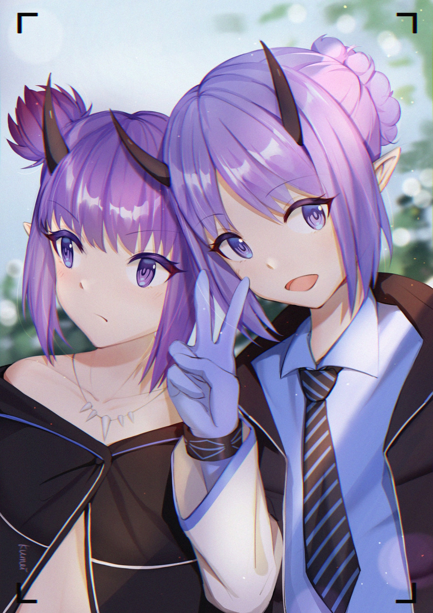2girls arknights bangs black_jacket blue_gloves blue_neckwear blue_shirt closed_mouth collarbone collared_shirt eyebrows_visible_through_hair gloves hibiscus_(arknights) highres horns jacket jewelry kumei lava_(arknights) long_sleeves looking_at_viewer looking_away looking_to_the_side multiple_girls necklace necktie open_clothes open_jacket open_mouth pointy_ears purple_hair shirt short_hair siblings sisters smile twins upper_body v viewfinder violet_eyes