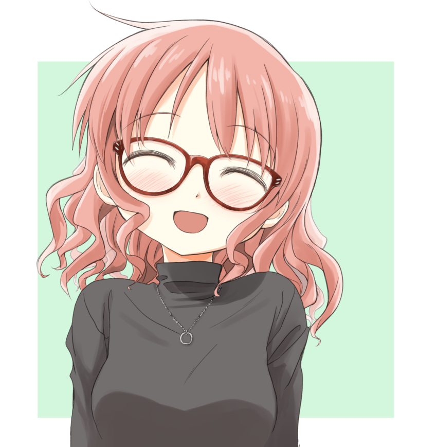 1girl :d ahoge bangs bespectacled blush breasts eyebrows_visible_through_hair glasses hidamari_sketch highres hiro jewelry long_sleeves medium_breasts necklace open_mouth percy_pyl redhead simple_background smile solo sweater swept_bangs tree turtleneck turtleneck_sweater wavy_hair