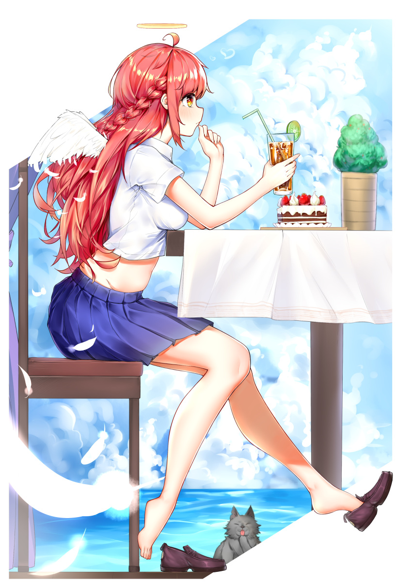 1girl absurdres ahoge angel_wings bangs blue_skirt braid cat commentary drinking_straw from_side halo highres holding long_hair midriff orange_eyes original outdoors red_footwear redhead renroujiang shirt shoes short_sleeves short_wings sitting skirt solo white_shirt wings