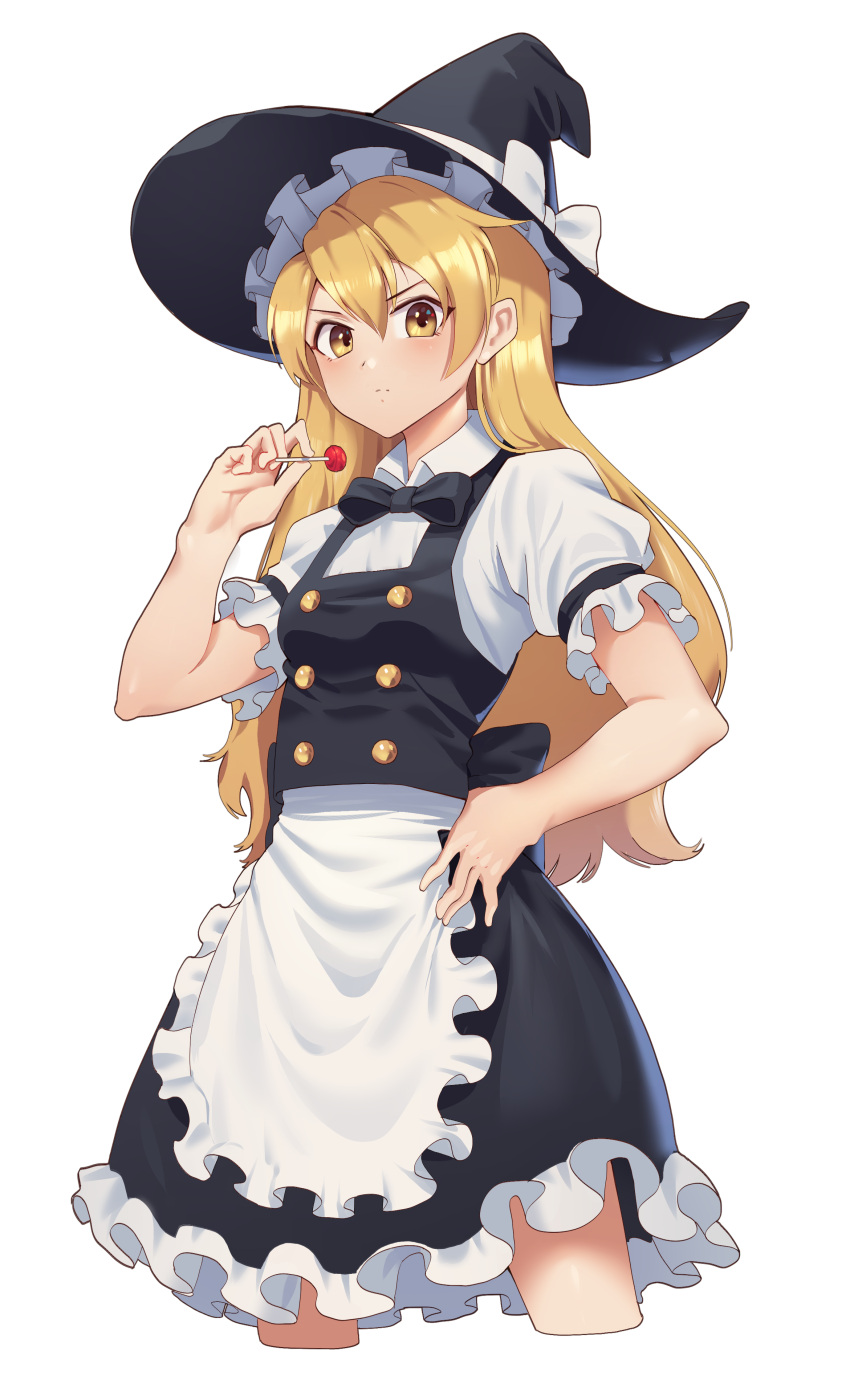 &gt;:( 1girl absurdres apron bangs black_headwear black_neckwear black_skirt black_vest blonde_hair blush bow bowtie breasts brown_eyes candy closed_mouth collared_shirt commentary_request cropped_legs food frilled_apron frilled_skirt frills goback hair_between_eyes hand_on_hip hat hat_bow highres holding holding_food holding_lollipop kirisame_marisa light_frown lollipop long_hair puffy_short_sleeves puffy_sleeves shirt short_sleeves simple_background skirt small_breasts solo touhou v-shaped_eyebrows very_long_hair vest waist_apron white_apron white_background white_bow white_shirt witch_hat