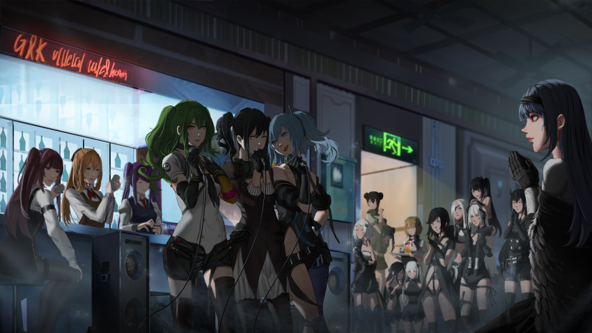 6+girls absurdres agent_(girls_frontline) alchemist_(girls_frontline) architect_(girls_frontline) bar bartender black_hair blonde_hair blue_hair brown_hair destroyer_(girls_frontline) dreamer_(girls_frontline) english_text executioner_(girls_frontline) g36_(girls_frontline) gager_(girls_frontline) girls_frontline green_hair highres hunter_(girls_frontline) intruder_(girls_frontline) jill_stingray judge_(girls_frontline) m1903_springfield_(girls_frontline) m950a_(girls_frontline) maid multiple_girls ouroboros_(girls_frontline) pa-15_(girls_frontline) pale_skin purple_hair sangvis_ferri scarecrow_(girls_frontline) thunder_(girls_frontline) va-11_hall-a wa2000_(girls_frontline) waitress white_hair yuanhe_mx