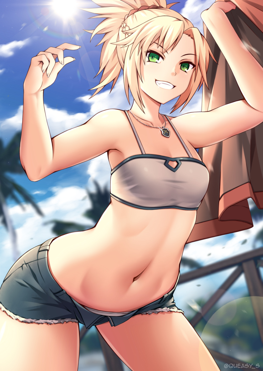1girl blonde_hair blue_shorts braid clouds collarbone cowboy_shot day denim fate/apocrypha fate_(series) green_eyes grin highres jacket jacket_removed jewelry leaning_forward looking_at_viewer midriff mordred_(fate) mordred_(fate)_(all) navel necklace outdoors ponytail queasy_s short_hair short_shorts shorts sky smile solo standing stomach summer sun teeth thighs twitter_username