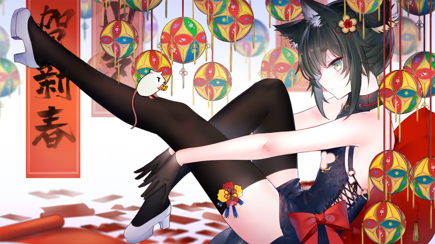 animal animal_ears black_hair china_dress chinese_clothes dress flat_chest gloves green_eyes highres mouse ookamisama original short_hair thigh-highs