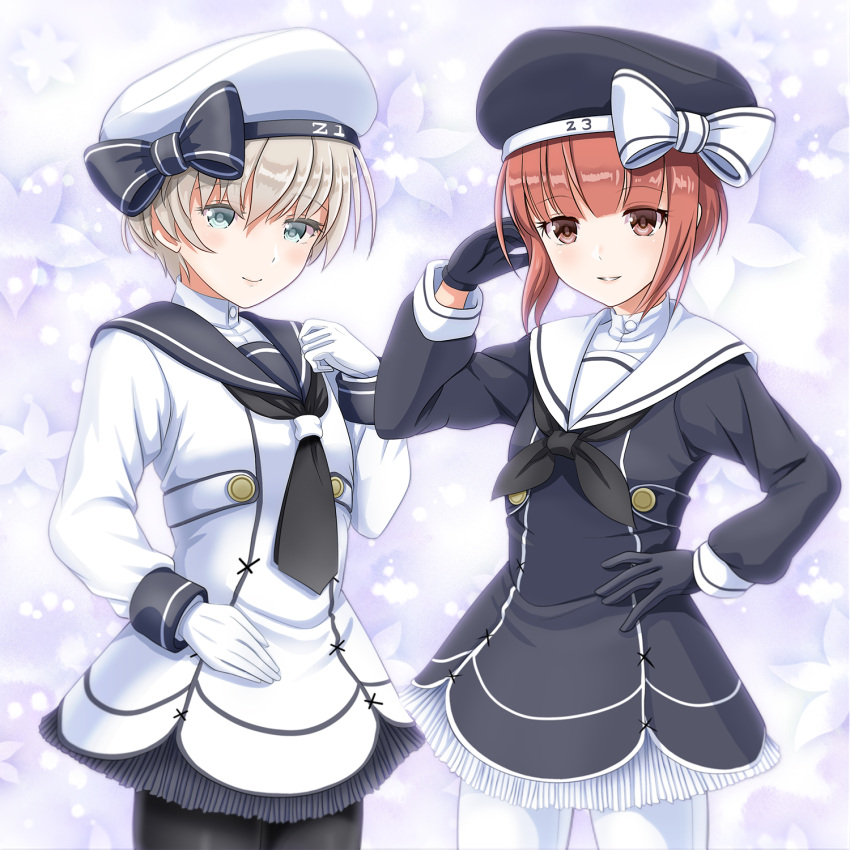 2girls adapted_costume aqua_eyes arm_up black_gloves black_legwear black_neckwear blush bow brown_eyes brown_hair clothes_writing commentary_request dress eyebrows_visible_through_hair floral_background gloves hand_on_hip hat hat_bow highres kantai_collection long_sleeves looking_at_viewer multiple_girls pantyhose parted_lips sailor_collar sailor_dress sailor_hat short_hair silver_hair simple_background smile tk8d32 white_gloves white_legwear z1_leberecht_maass_(kantai_collection) z3_max_schultz_(kantai_collection)