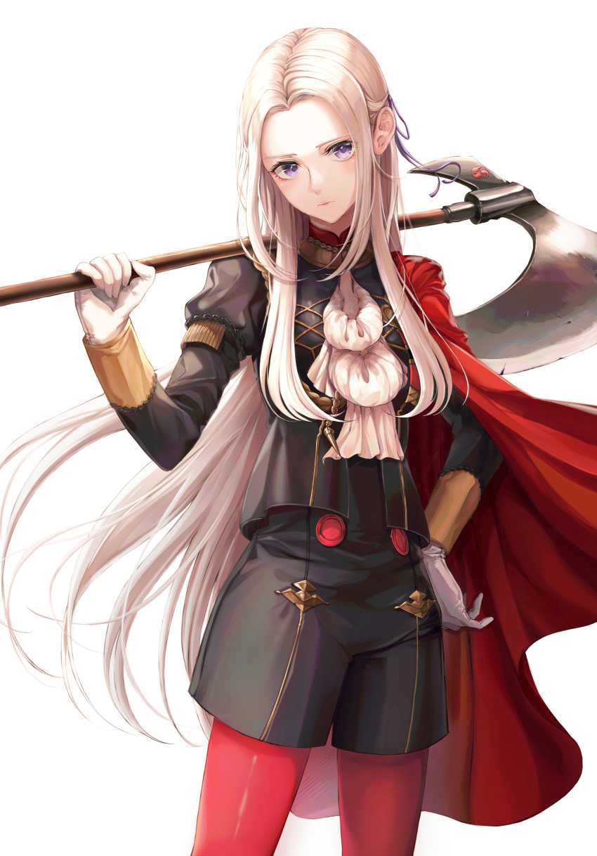 1girl absurdres aiguillette axe bangs black_shorts breasts cape csc00014 edelgard_von_hresvelg fire_emblem fire_emblem:_three_houses garreg_mach_monastery_uniform gloves hair_ribbon hand_on_hip highres long_hair long_sleeves looking_at_viewer neckerchief over_shoulder pantyhose parted_bangs red_legwear ribbon shorts silver_hair simple_background small_breasts solo violet_eyes weapon weapon_over_shoulder white_background white_gloves