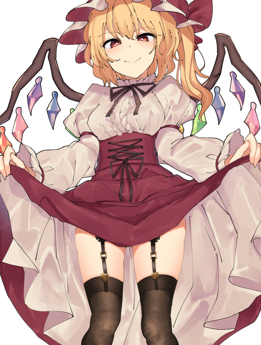 1girl bangs black_legwear blonde_hair blush breasts bright_pupils closed_mouth commentary_request corset crystal dress dress_lift feet_out_of_frame flandre_scarlet frilled_hat frilled_sleeves frills garter_straps hat hat_ribbon highres juliet_sleeves kozomedzuki lifted_by_self long_sleeves looking_at_viewer looking_down medium_breasts mob_cap neck_ribbon puffy_sleeves red_eyes ribbon short_hair side_ponytail simple_background smile smug solo thigh-highs thighs touhou white_background white_pupils wings