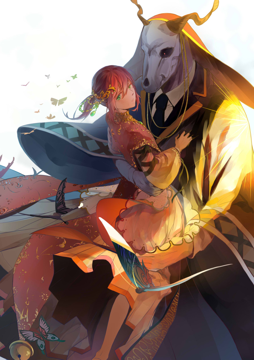 animal_skull bell bug butterfly couple dress ellias_ainsworth green_eyes hatori_chise hetero highres hood hood_up insect mahou_tsukai_no_yome necktie redhead size_difference white2013 wide_sleeves