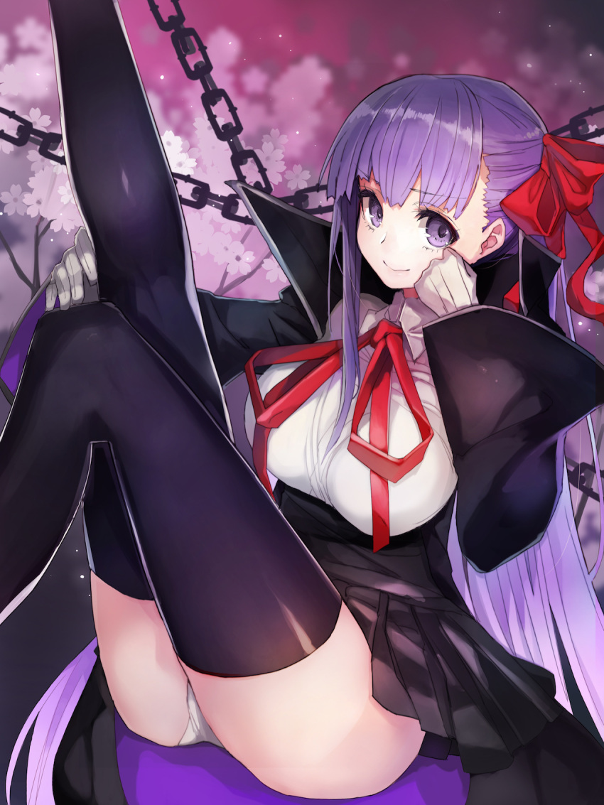 1girl ass bangs bb_(fate)_(all) bb_(fate/extra_ccc) black_legwear black_skirt blurry blurry_background breasts chain closed_mouth eyebrows_visible_through_hair fate/extra fate/extra_ccc fate_(series) flower gloves hair_ribbon half_updo hand_on_own_chin high-waist_skirt highres large_breasts leg_up legs_up long_hair long_sleeves looking_at_viewer panties pantyshot pantyshot_(sitting) pleated_skirt popped_collar purple_background purple_hair red_ribbon revision ribbon shirt sitting skirt smile solo straight_hair taishi_(picchiridou) thigh-highs thighs underwear upskirt very_long_hair violet_eyes white_gloves white_panties white_shirt wide_sleeves