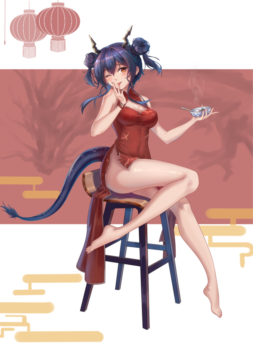 1girl ;p absurdres arknights bangs bare_arms bare_legs bare_shoulders barefoot bead_bracelet beads blue_hair blush bowl bracelet ch'en_(arknights) chair china_dress chinese_clothes chinese_commentary commentary_request double_bun dress hair_between_eyes hand_up highres holding holding_bowl horns jewelry long_hair looking_at_viewer one_eye_closed red_dress red_eyes rj_(lingshih10) side_slit sidelocks sitting sleeveless sleeveless_dress smile solo steam tail thighs tongue tongue_out twintails white_background