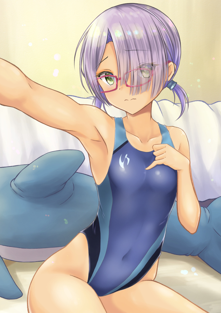 1girl absurdres blue_swimsuit cafe_stella_to_shinigami_no_chou commentary_request covered_navel cowboy_shot dolphin eyes_visible_through_hair flat_chest hair_over_one_eye hand_on_own_chest highleg highleg_swimsuit highres hiuchidani_mei inflatable_toy looking_at_viewer low_twintails purple_hair red-framed_eyewear rgrey00 self_shot short_hair sitting solo swimsuit twintails yellow_eyes yuzu-soft
