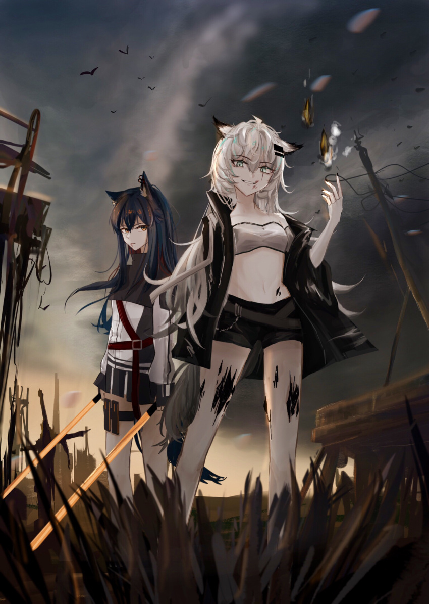 2girls animal_ears arknights bandeau bangs bare_legs bare_shoulders black_hair black_shorts breasts brown_eyes commentary dual_wielding english_commentary gloves grey_eyes grin hair_between_eyes hair_ornament hairclip hand_up highres holding holding_sword holding_weapon holster jacket lappland_(arknights) long_hair long_sleeves looking_at_viewer midriff multiple_girls navel off_shoulder open_clothes open_jacket outdoors scar scar_across_eye short_shorts shorts silver_hair small_breasts smile standing stomach strapless sword texas_(arknights) thigh_holster tubetop weapon white_gloves white_jacket wolf_ears yeyarongbing