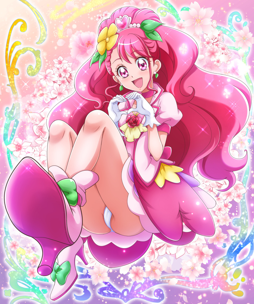 1girl :d choker commentary_request cure_grace earrings eyebrows_visible_through_hair floral_background flower gloves hanadera_nodoka hanzou healin'_good_precure heart heart_hands highres jewelry long_hair looking_at_viewer magical_girl open_mouth panties pink_choker pink_hair precure puffy_short_sleeves puffy_sleeves short_sleeves smile solo underwear white_gloves white_panties