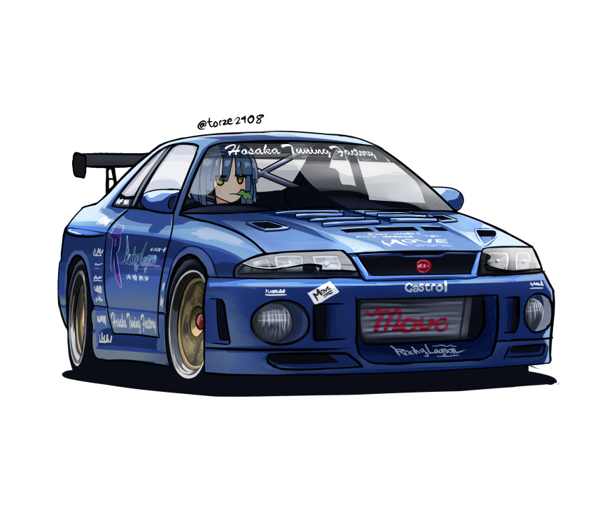 1girl airfryer1892 bocchi_the_rock! brown_eyes car crossover dated_commentary driving highres jitome looking_at_viewer motor_vehicle naca_duct nissan_skyline nissan_skyline_gt-r nissan_skyline_r33 racing_lagoon shadow short_hair simple_background solo sports_car twitter_username vehicle_focus white_background yamada_ryo