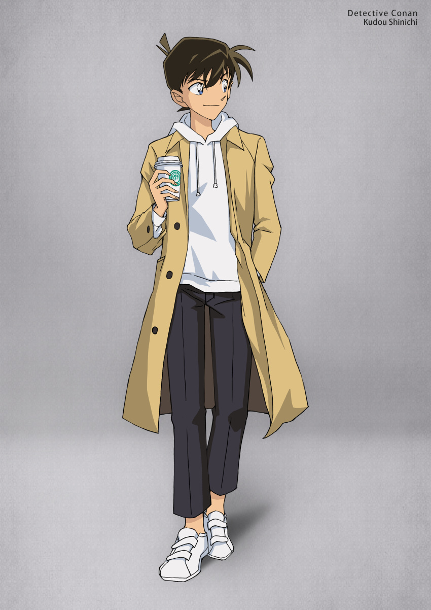 1boy absurdres bai_wang black_pants blue_eyes brown_hair character_name closed_mouth coat copyright_name grey_background hand_in_pocket highres holding hood hood_down kudou_shin'ichi long_sleeves looking_to_the_side male_focus meitantei_conan open_clothes open_coat pants shoes smile solo starbucks walking white_footwear white_hoodie yellow_coat