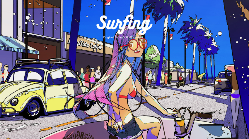 6+girls apapico bicycle bikini bikini_top coffee_cup cup disposable_cup drinking_straw glasses ground_vehicle headphones highres lamppost long_hair looking_at_viewer multiple_girls original palm_tree road short_shorts shorts street surfboard swimsuit tree volkswagen_beetle wire