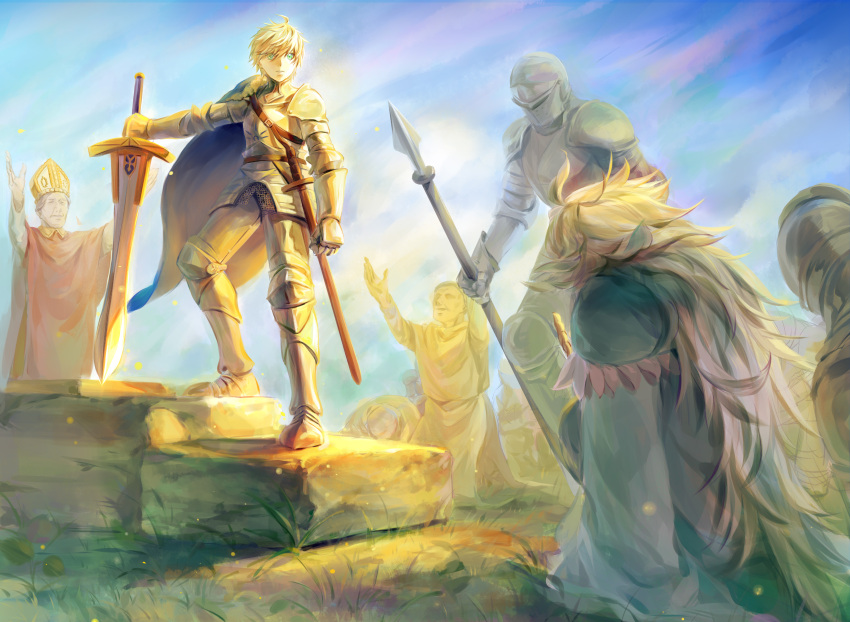 6+boys absurdres ahoge alternate_costume armor arthur_pendragon_(fate) blonde_hair cape excalibur_(fate/prototype) fate/grand_order fate_(series) full_armor green_eyes highres holding holding_sword holding_weapon kneeling knight male_focus merlin_(fate) mitre multiple_boys peasant polearm pope priest robe sheath sheathed spear stairs sword weapon white2013 white_hair